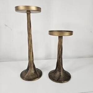 Twisted Iron Pillar Candle Holders Textured Gold Pair Heavy Metallic Vintage